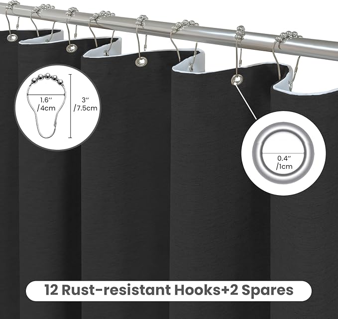 Inhousolu Boho Farmhouse Shower Curtain with Fabric Liner Set, Faux Linen Textured, 14 Metal Hooks Luxury Weighted Hem, Washable Wrinkle Free Bath Curtain for Hotel Bathroom 72" W x 84" L Black