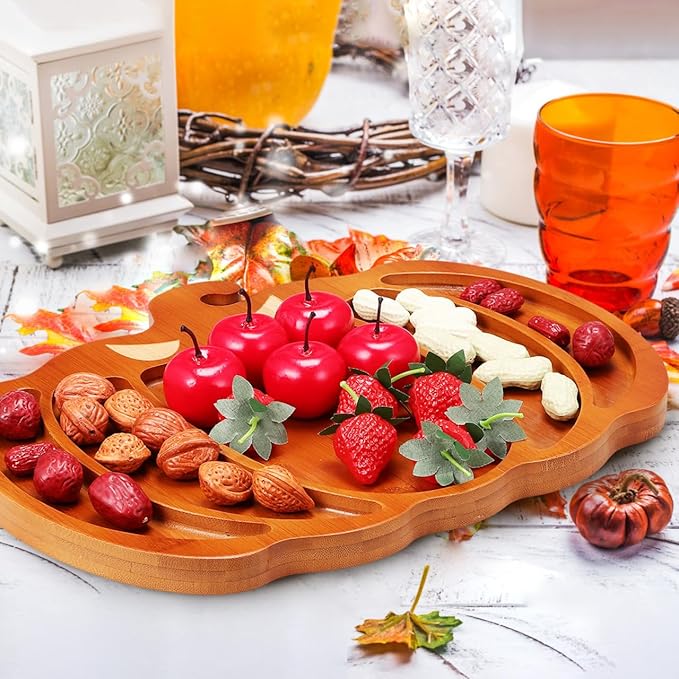 Ciieeo Halloween Pumpkin Charcuterie Board,14.9x11.4 Inches Pumpkin Shaped Serving Platter Sectional Bamboo Pumpkin Dish Plate for Fall Autumn Halloween Party,Thanksgiving Cheese Turkey Board