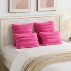FUTEI Hot Pink Decorative Throw Pillow Covers 22x22 Inch Set of 2, Square Soft Faux Rabbit Fur Big Striped Cushion Cover,Home Decor for Couch Sofa Bed Living Room