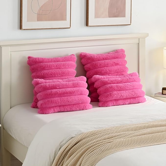 FUTEI Hot Pink Decorative Throw Pillow Covers 22x22 Inch Set of 2, Square Soft Faux Rabbit Fur Big Striped Cushion Cover,Home Decor for Couch Sofa Bed Living Room