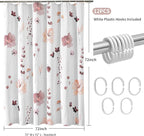 QiyI Watercolor Floral Shower Curtain, 3D Embossed Butterflies Pink Brown Flower Bathroom Curtain, Minimalist White Cloth Bath Curtain, Waterproof Fabric Textured Shower Curtain Set with Hooks, 72x72