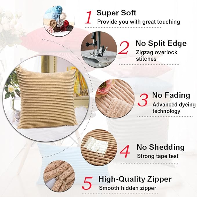 Home Brilliant 18x18 Throw Pillow Covers Decorative Set of 2 Soft Velvet Corduroy Striped Square Cushion Cover for Bench Couch Decor, 18 x 18 inch, Taupe