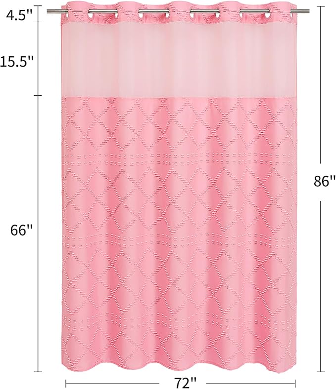 No Hooks Boho Pink Woven Fabric Shower Curtain 72 x 86 Modern Farmhouse, Tufted Chevron Striped Shabby Chic Textured, Minimalist Cloth Hookless Shower Curtains for Bathroom, Hotel Decor