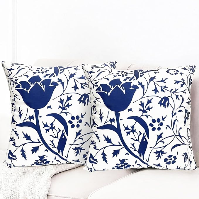 Decorative Throw Pillow Covers Set of 2 Blue Pillow Covers 20x20 inch Short Plush Couch Pillow Cases Floral Throw Pillows,Farmhouse Outdoor Pillow Covers for Sofa Living Room Cushion Covers