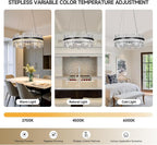 Black Led Modern Crystal Chandelier: 23.6" Round K9 Luxury Clear Crystals 3 Color Dimmable Contemporary Chandeliers for Dining Room Lights over Table - Adjustable Height Living Room Light with Remote