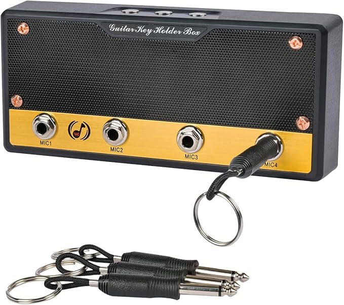 Guitar Key Holder Box, Home Keys Hooks for Guitar-Enthusiasts, Musicians Decor & Organization with 4 Keychains and 1 Wall Mounting Kit (Metal Texture Black)