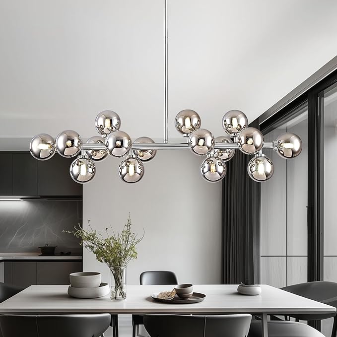 16-Light Globe Sputnik Chandelier, Mid Century Modern Light Fixture Over Table, Chrome Silver Linear Chandeliers for Dining Room and Kitchen Island (Smoke Grey Glass Bubble Shades, 40 Inch)