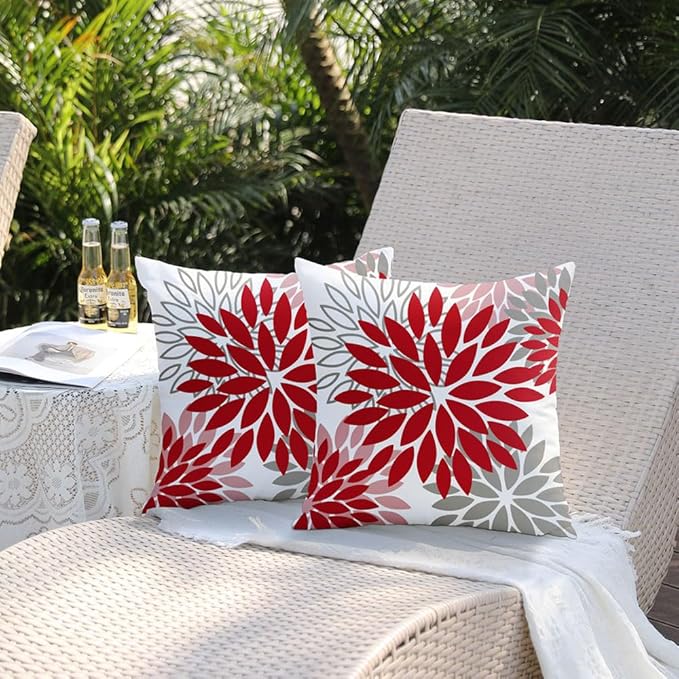 DFXSZ Red Pink Flower Pillow Covers 16x16 Inch Set of 2 Valentines Day Pillow Covers Outdoor Waterproof Decor for Living Room Sofa Patio Funiture Garden Floral Polyester pillowcovers 012F16