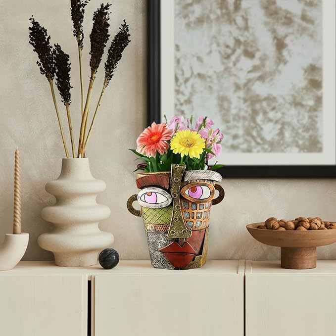 Unique Abstract Face Planters Pots Head,Picasso Brutalist Face Flower Pot Ornaments Head Planter Pots Colorful Art Abstract Resin Flower Pot for Indoor and Outdoor Plants Funny Room Decor(Retro Big)