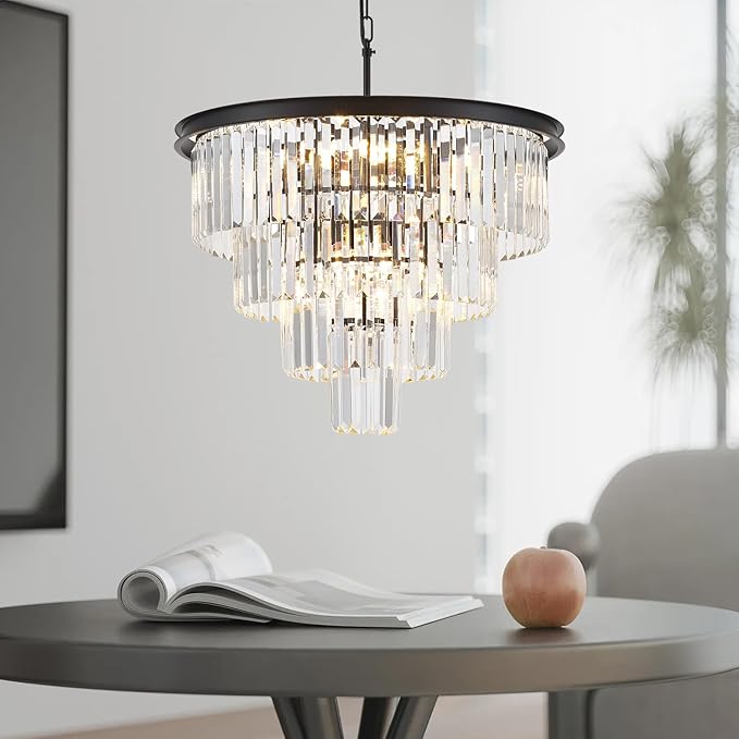 4-Tiers 23.6" Black Modern Crystal Chandelier 12-Light Crystal Pendant Ceiling Light Fixture Hanging Lighting for Entryway Dining Room Bedroom Living Room Foyer High Ceiling
