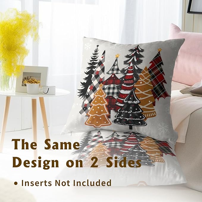 Christmas Throw Pillow Covers 16x16, Gingerbread Buffalo Plaid Xmas Trees Decorative Pillow Cases Soft Cotton Square Cushion Cover for Bed Sofa Car Winter Holiday Decor Set of 2