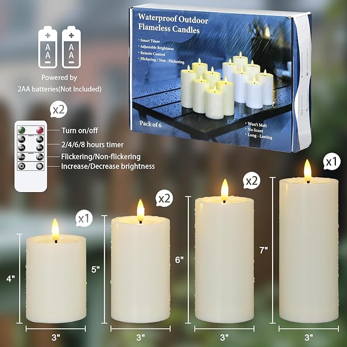Outdoor 6pcs Flameless Waterproof Candles with Handy Remote Control, Cycle Timer Battery Operated Candle Grease Effect LED Flickering Pillar Plastic Long Lasting (Ivory, 3" x4" 5" 5" 6" 6" 7")