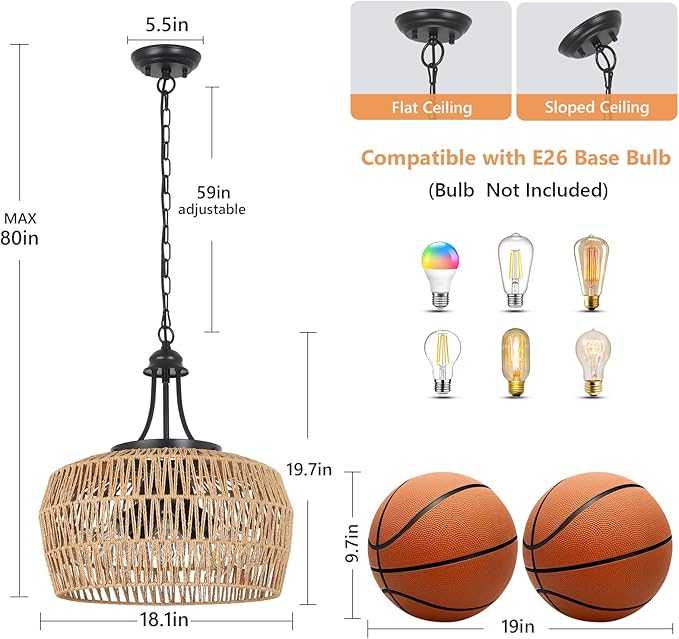 HMVPL Large Farmhouse Chandeliers for Dining Room, 5-Light Rattan Boho Chandelier Light Fixture with Wicker Lampshade, Coastal Hanging Pendant Lighting for Kitchen Island Bedroom Living Room Nursery