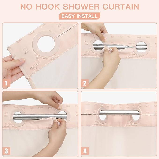 No Hooks Boho Light Pink Woven Fabric Shower Curtain 72 x 80 Modern Farmhouse, Tufted Chevron Striped Shabby Chic Textured, Minimalist Hookless Shower Curtains for Bathroom, Hotel Decor