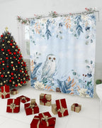 Blue Christmas Shower Curtain, Winter Snowy Owl Poinsettia Eucalyptus Leaves Shower Curtains Set with Hooks, Waterproof Fabric Bathroom Curtains Decor Home Accessories,72X 96 Inch Extra Long