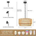 Rattan Pendant Light Fixtures, 3-Light Chandeliers for Dining Room,2-Tier Boho Woven 18” Modern Hanging Drum Lighting with Fabric Shade for Living Room Kitchen Island Entryway Hallway