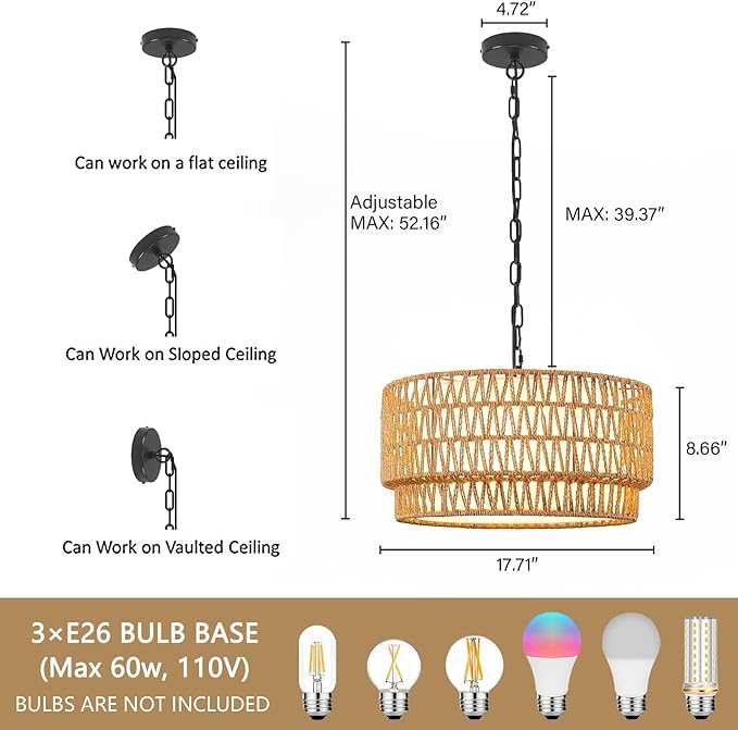 Rattan Pendant Light Fixtures, 3-Light Chandeliers for Dining Room,2-Tier Boho Woven 18” Modern Hanging Drum Lighting with Fabric Shade for Living Room Kitchen Island Entryway Hallway