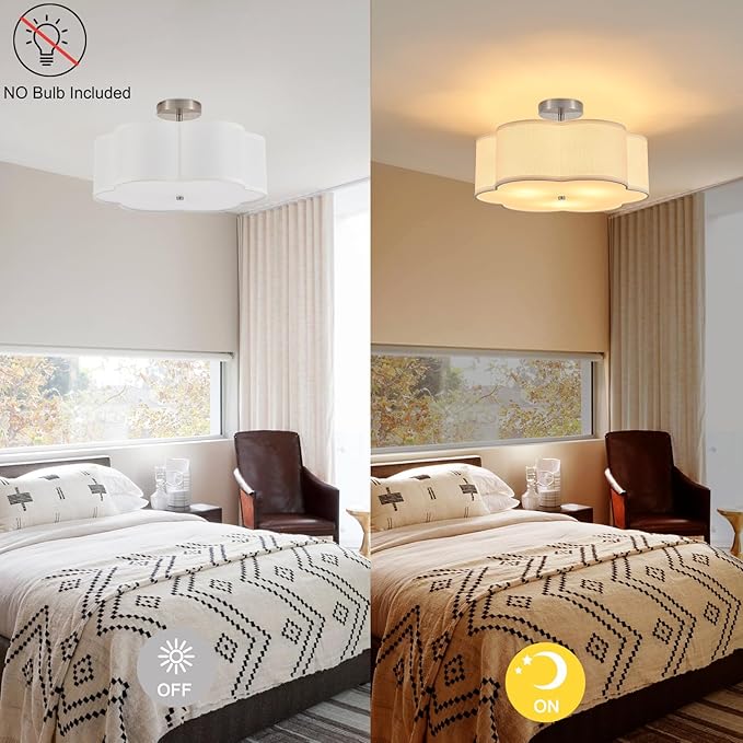 18" Modern Semi Flush Mount Ceiling Light Modern 3-Lights Linen Drum Ceiling Lighting with Chrome Finish, Vintage Ceiling Light for Living Room, Kitchen, Basement, Laundry Room, Bedroom