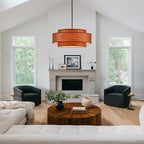 Farmhouse 23.6" Large Drum Wooden Chandelier Vintage 6-Lights Chandelier with Wooden Finish Linen Shade Modern Retro Drum Chandeliers for Dining Room, Kitchen Island, Living Room, Bedroom