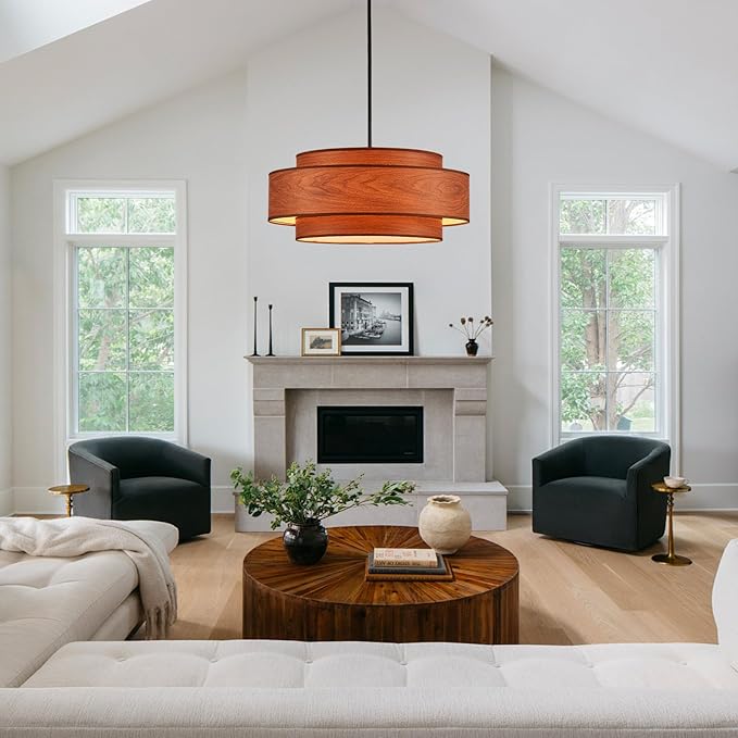 Farmhouse 23.6" Large Drum Wooden Chandelier Vintage 6-Lights Chandelier with Wooden Finish Linen Shade Modern Retro Drum Chandeliers for Dining Room, Kitchen Island, Living Room, Bedroom