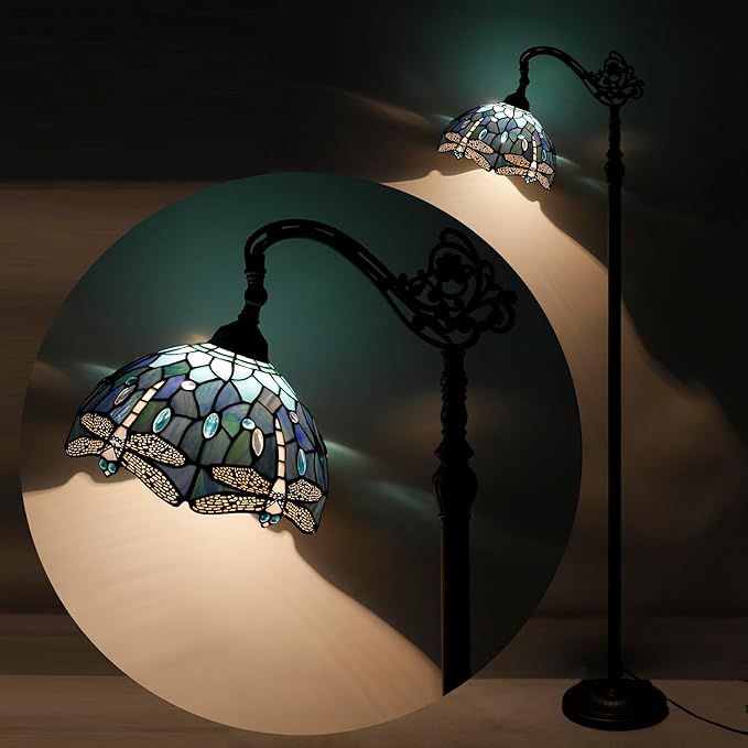 Tiffany Floor Lamp Stained Glass Blue Dragonfly Style Arched Reading Light Gooseneck Adjustable Corner Standing Lamp 12X16X66 Inch for Bedroom Living Room Home Office