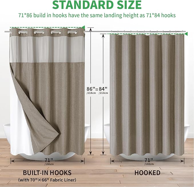 Extra Long No Hooks Needed Linen Textured Shower Curtain with Snap-in Fabric Liner Set,Hotel Luxury Decor Shower Curtains for Bathroom,Waterproof & Washable,71Wx86H,Khaki/Tan