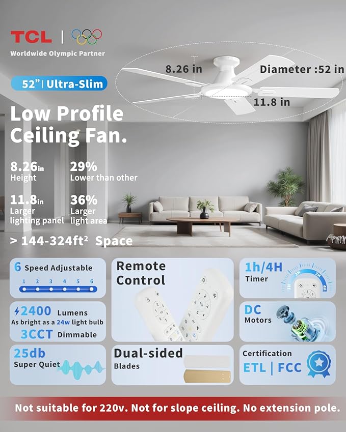 TCL 52" Low Profile Ceiling Fan with Light, Slim, White, Flush Mount, DC Reversible Motor, 6 Speeds, Remote Control, Noiseless, Dimmable, LED Light, 3CCT, Modern Ceiling Fan for Bedroom Living Room