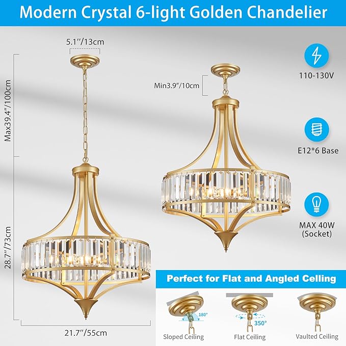 XINGQI 21.6" Modern Gold 6-Light Crystal Chandelier for Dining Room Large Round Pendant Lightting Fixture for Living Room Kitchen Island Bedroom
