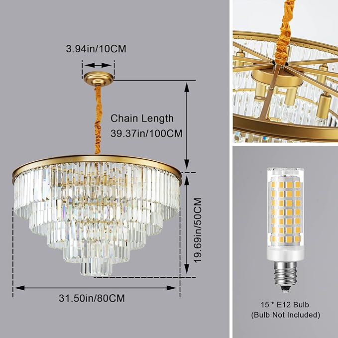 Gold Modern Crystal Chandelier, 5-Tier Round Flush Mount Ceiling Light Fixtures Height Adjustable Pendant Lighting for Dining Room Living Room Bedroom Kitchen Hotel Foyer