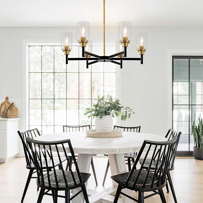 6 Light Dining Room Light Fixture Black & Brushed Brass Gold Farmhouse Chandelier Over Table Modern Hanging Pendant Lighting for Living Room Foyer Kitchen Adjustable Height E26 Socket