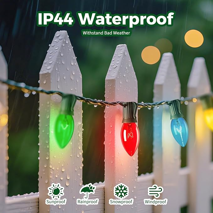 C9 Bulb String Lights Outdoor 50 Feet Multicolored Christmas Lights Green Wire for Outdoor Patio Room Christmas Tree Party Backyard Decoration, E17 Base, 50 +2 Bulbs