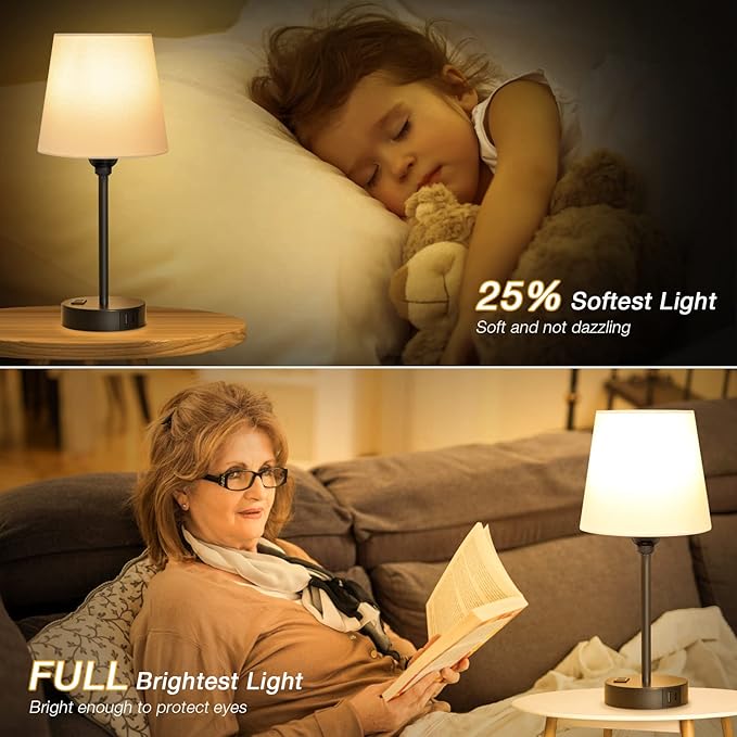 White Bedside Lamps for bedrooms Set of 2 - Nightstand Bedroom Lamp with USB C Port and AC Outlet Charging, 3 Way Dimmable Touch Control Small White Bed Side Table Lamp, Nightstand Light for Kids