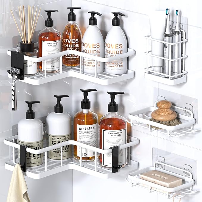 YASONIC Corner Shower Caddy Organizer, 5-Pack Self-Adhesive Rustproof Bath Shelves with Soap Holder & 4 Hooks, Large Capacity Shower Storage Rack for Bathroom Organization, White