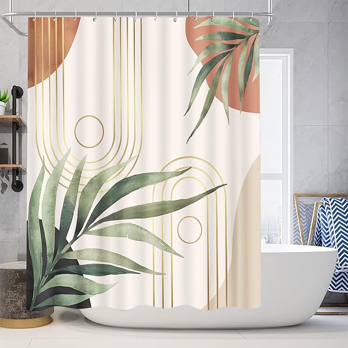 Boho Sage Green Shower Curtain Sets with Rugs 70.8Wx70.8L, Bathroom Set Bohemian with Non-Slip Rug, Toilet Lid Cover, U-Shaped Mat, Greenery Shower Curtain Boho Bathroom Shower Curtain Set