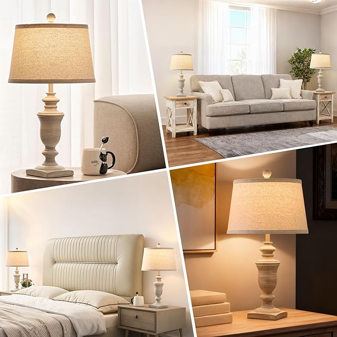 23" Farmhouse Table Lamps Set of 2, 3 Way Dimmable Lamps with 2 LED Bulbs and Rocker Switch, Vintage Nightstand Lamp for Bedroom Living Room Office End Table Entryway, Antique Grey