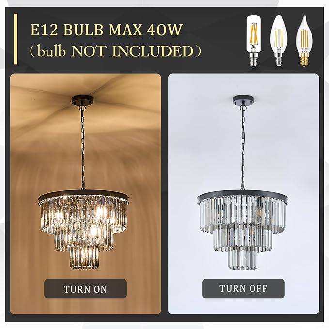 Modern Smoke Gray Crystal Chandeliers, Black 20” Round Chandelier 3 Tiers 7 Lights Luxury K9 Crystal Ceiling Pendant Light Fixture for Dining Room Foyer Bedroom Closet
