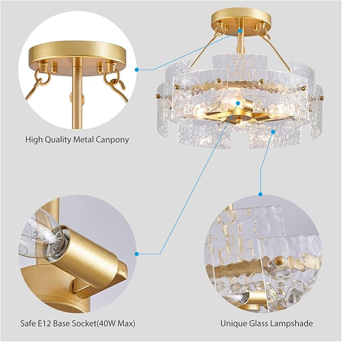 XINGQI Modern Gold Ceiling 4-Light Farmhouse Water Ripple Glass Ceiling Lighting Fixture 15.7" Drum Ceiling Lights for Bedroom Dining Room Living Room Hallway Entryway Closet