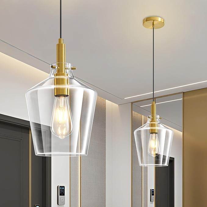 Modern Glass Pendant Lighting for Kitchen Island 2 Pack, Farmhouse Gold Pendant Light Fixtures, Adjustable Hanging Ceiling Light, Angled Clear Glass Shades 8 Inch