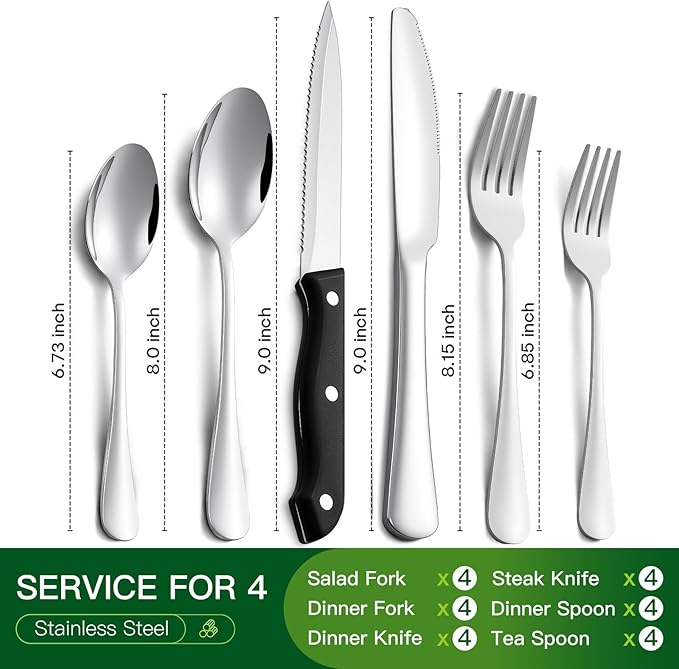 24 Pcs Silverware Set with Steak Knives Service for 4,Stainless Steel Flatware Set,Mirror Polished Cutlery Utensil Set,Home Kitchen Eating Tableware Set,Include Fork Knife Spoon Set (24, Silber)