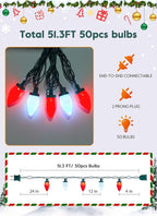 Moonflor C9 LED Christmas Lights Outdoor, 51.3ft Feet 50 LED Strawberry String Lights with 50 Spring Clamps, Waterproof Commercial Grade Extendable for Indoor Outdoor,Red and Pure White