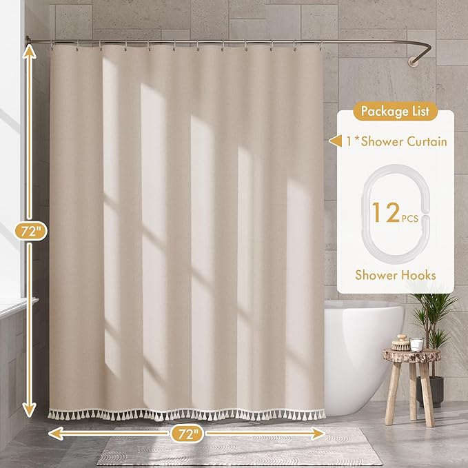 AmazerBath Boho Shower Curtain for Bathroom, 72x72 Beige Shower Curtain with Tassels, Modern Farmhouse Shower Curtain Set with Hooks, Neutral Faux Linen Light Tan Toned, Water Repellent