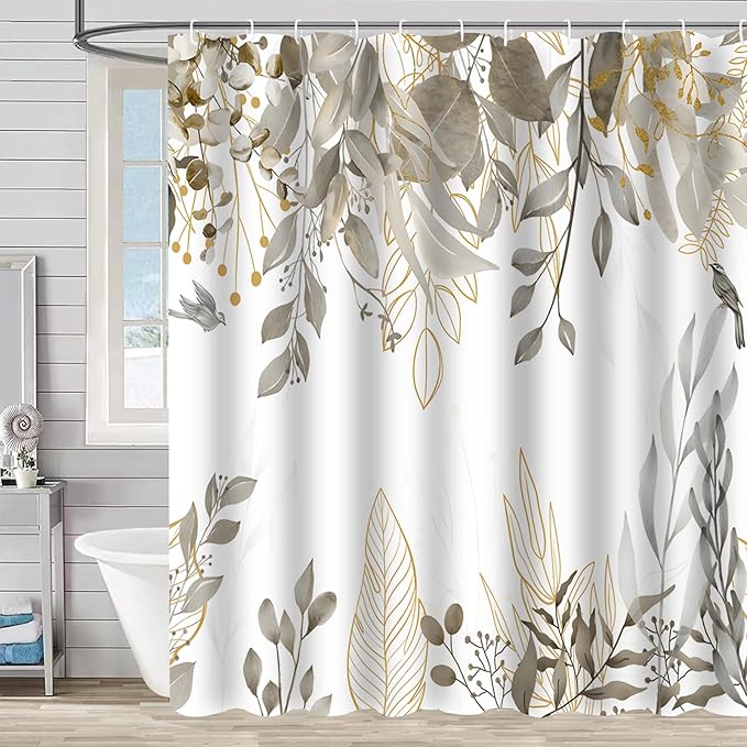 Grey Tan Eucalyptus Leaves Shower Curtain Beige Weeping Branches Leaves Shower Curtains for Bathroom Waterproof Polyester Fabric Bathroom Curtain 72 x 72 Inch with 12 Hooks