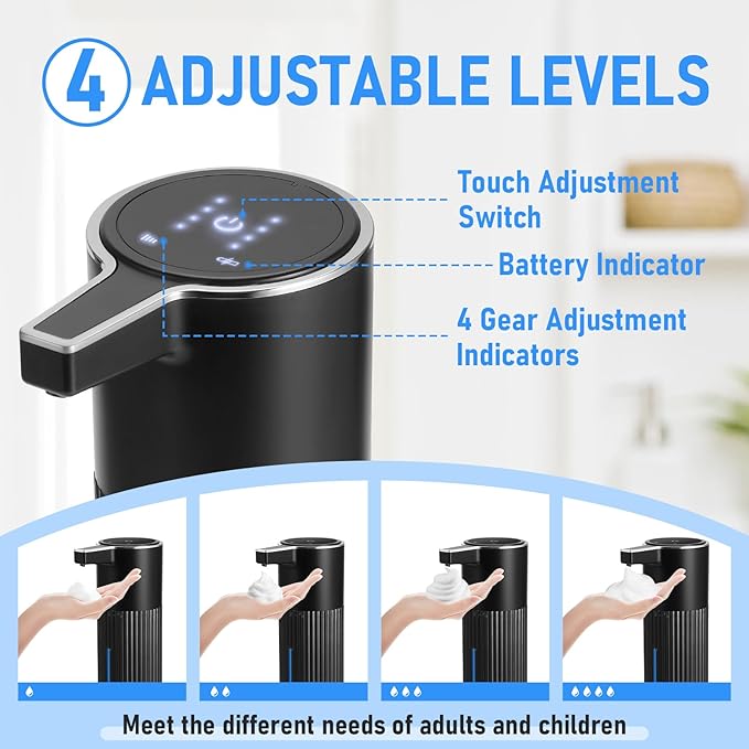 Automatic Soap Dispenser Touchless, USB Rechargeable Smart Hand Soap Dispenser, 4 Levels Adjustable, 13.5 oz/400 ml Wall Mounted for Bathroom, Kitchen (Black Foam)