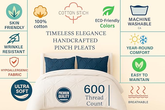 COTTON STICH Pinch Pleated Queen Pillow Shams Set of 2 Navy Blue 600 Thread Count Super Soft Navy Blue Pinch Pillow Shams Queen 20" x 30" Size Pure Egyptian Cotton Decorative Bed Pillow Covers Set
