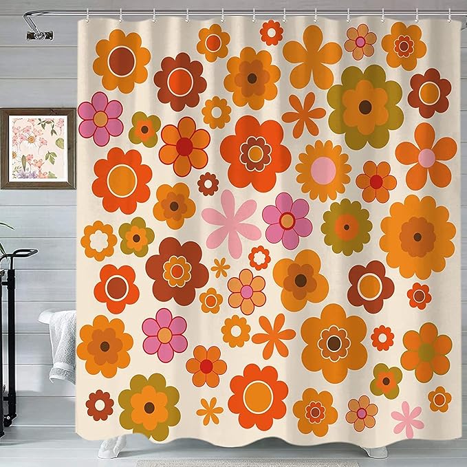 Retro Flowers Shower Curtain, Groovy Brown Orange Sun Flower Vintage 70s Fabric Shower Curtains Set for Bathroom Funky Hippie 1970 Boho Yellow Floral Decoration with Hooks 72 X 83 inch Bath Decor