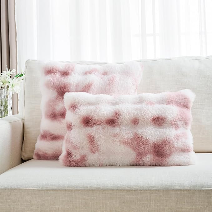 FUTEI Pink White Decorative Throw Pillow Covers 16x16 Inch Set of 2,Soft Fuzzy Faux Rabbit Fur Cushion Covers with Raised Texture,Neutral Boho Home Decor for Couch Bed Living Room