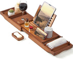 XcE Bathtub Caddy Tray Expandable to 105cm with Bamboo Book Stand and Soap Tray, Brown