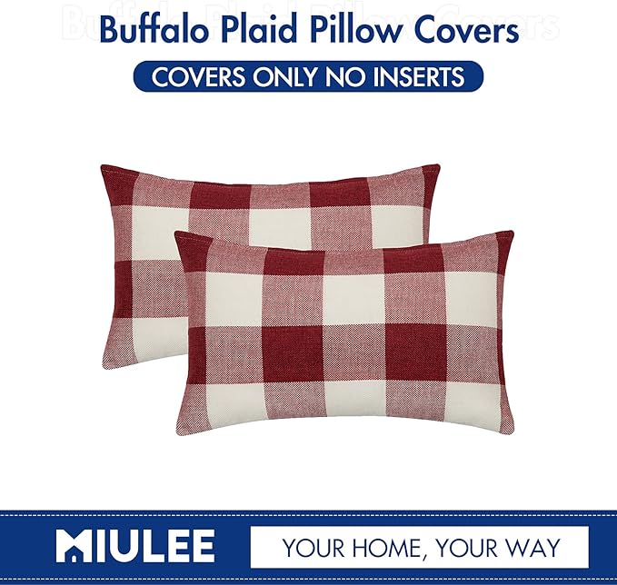 MIULEE Pack of 2 Christmas Farmhouse Checkers Buffalo Plaids Polyester Linen Soft Solid White and Red Decorative Porch Throw Pillow Covers Home Decor Cushion Case for Sofa Bedroom 12 x 20 Inch