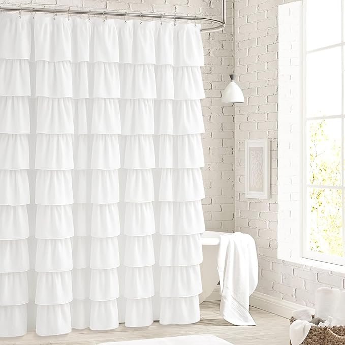 Seasonwood White Ruffle Shower Curtain Farmhouse Vintage Handcrafted Rustic Decorative Fabric Shower Curtains for Bathroom, 72" x 72"