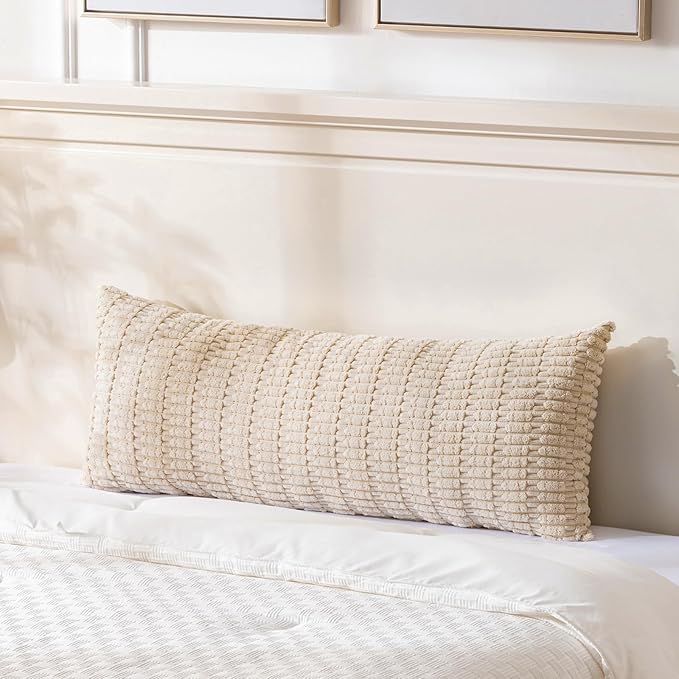 Fancy Homi Tan Long Body Lumbar Decorative Throw Pillow Cover 20x54 Inch for Bed Couch Bedroom Bench, Soft Corduroy Rectangle Solid Pillow Case 50x137 cm, Beige Rustic Farmhouse Boho Room Decor